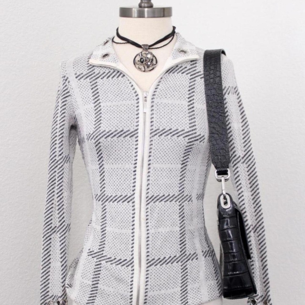 Y2k Belldini white and black plaid zip up jacket with grommet details